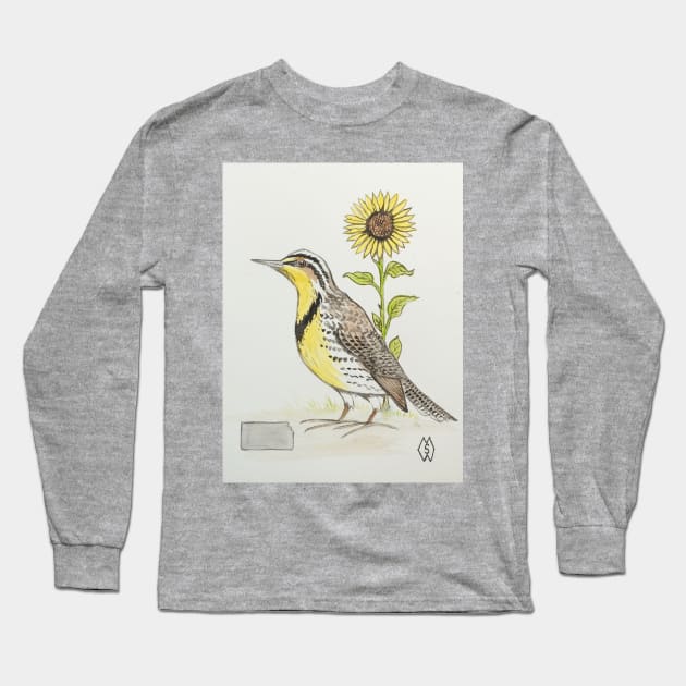 Kansas state bird & flower, the western meadowlark & sunflower Long Sleeve T-Shirt by Matt Starr Fine Art